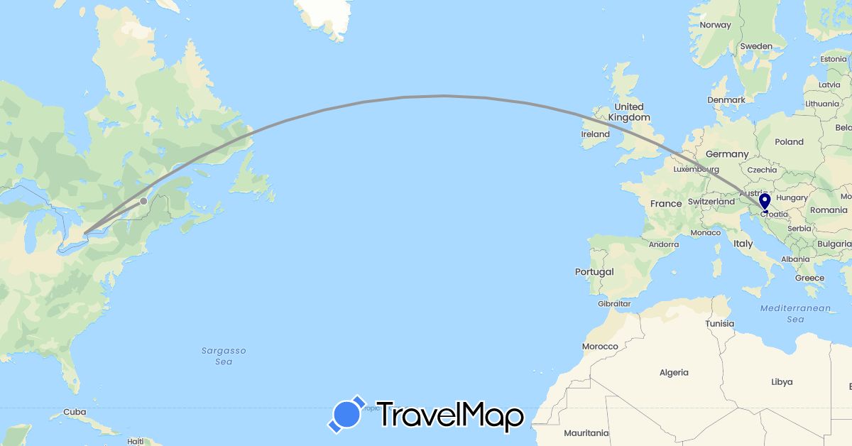 TravelMap itinerary: driving, plane in Canada, Germany, Croatia (Europe, North America)
